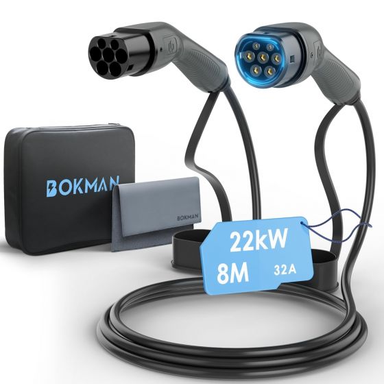 Bokman Type 2 Electric Car Charging Cable, 32A, 22KW - Black