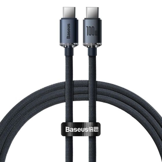 كابل شحن ونقل بيانات USB فئة C باسيوس كريستال شاين سيريز، طوله 1.2 متر، اسود - CAJY000601