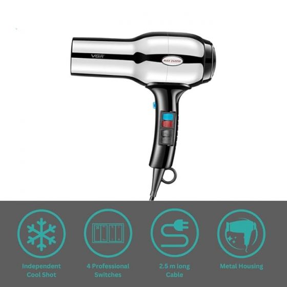 VGR Hair Dryer, 2400 Watt, 3 Temperatures, Silver - V-465
