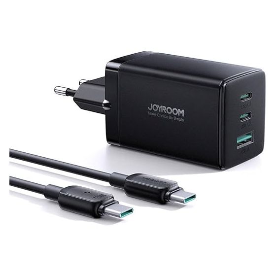 Joyroom GaN Ultra Fast Charger, 65 Watt with Type-C to Type-C Cable, 100 Watt, Black - JR-TCG01