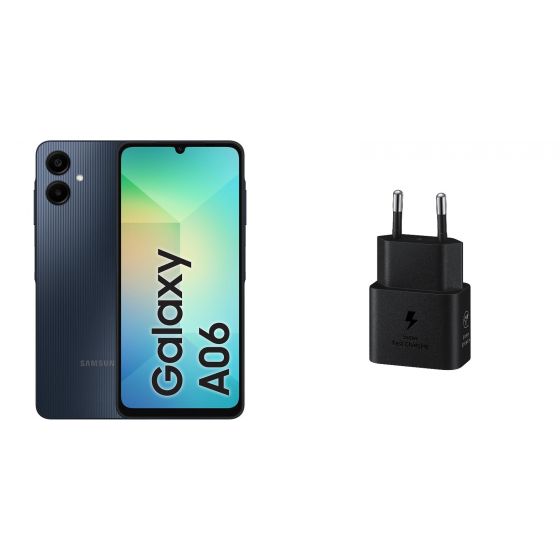 Samsung Galaxy A06, 128GB, 6GB, 4G LTE, Dual SIM- Black with Samsung USB-C Wall Charger, 25 Watt, Black - EP-T2510NBEGWW