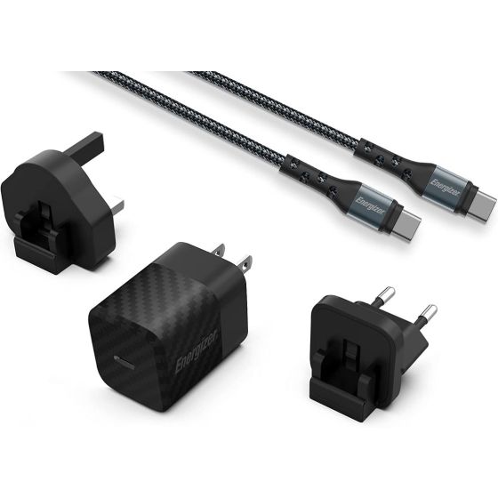 شاحن انرجايزر، مع 3 فيش وكابل شحن USB فئة C، قدرة 20 وات - اسود