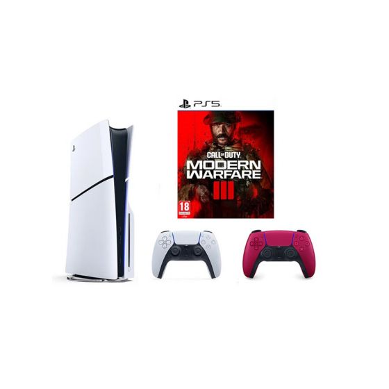 Sony PlayStation 5 Slim Disc Edition, 1TB SSD, with 2 Wireless Controllers, White and Red and Call of Duty Modern Warfare III- White