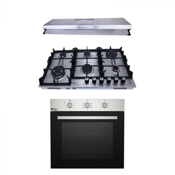 Purity Gas Built-in Hob, 90cm, 6 Burners, Stainless Steel - HPT904S, with PIATTA Island Hood, 90 CM, and Built-in Gas Oven with Grill, 65 Liters - OPT601GG