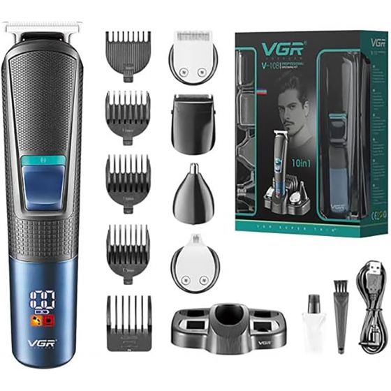 VGR 10 In 1 Rechargeable Hair Trimmer, Dry, Blue- V-108