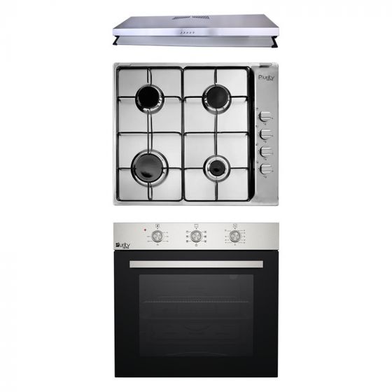 Purity Gas Built-in Hob, 60cm, 4 Burners, Stainless Steel - P601X, with PIATTA Island Hood, 60 CM, and Built-in Gas Oven with Grill, 65 Liters - OPT601GG