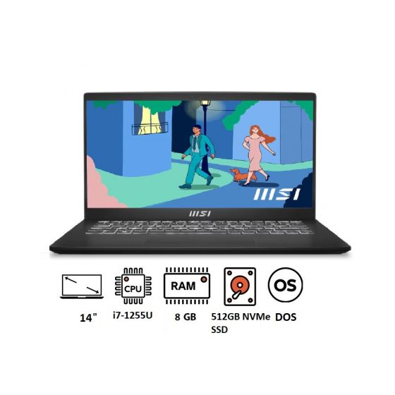 MSI Modern 14 C12MO Laptop, Intel Core i7-1255U, 512GB NVMe PCIe Gen3x4 SSD, 8GB RAM, 14 Inch, FHD, IPS-Level, Intel Iris Xe Graphics, FREEDOS - Classic Black