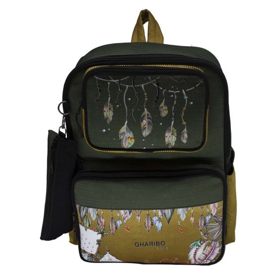 Gharibo Bags One Hand School Backpack With Pencil Case for Kids, Feathers Pattern - Olive