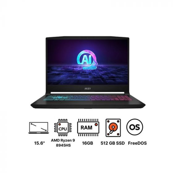 MSI Katana A15 AI B8VF Laptop, AMD Ryzen 9 8945HS, 512GB SSD, 16GB RAM, 15.6 Inch, FHD IPS 144Hz Display, NVIDIA GeForce RTX 4060 8GB GDDR6, FreeDOS - Black
