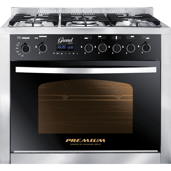  Premium  Grand Chef Gas Cooker, 5 Burners, Stainless Steel/Black- PRM6090SS-1GC-511-IDSP-GO