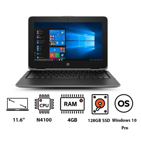 لاب توب اتش بي برو بوك X360 11 G3، انتل سيليرون N4100، هارد SSD سعة 128 جيجا، 4 جيجا رام، شاشة مقاس 11.6 بوصة بدقة HD تعمل باللمس، كارت شاشة انتل UHD 600، ويندوز 10 برو - اسود