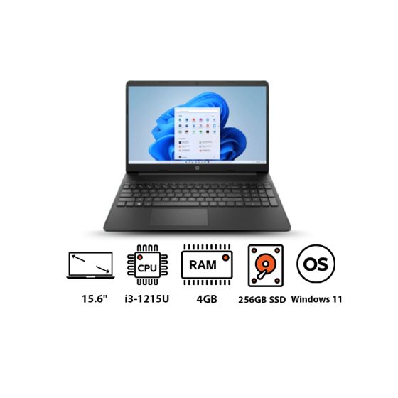 HP 15S-FQ5048NE Laptop, 15.6 Inch, Intel Core i3-1215U, 256GB SSD, 4GB RAM, Intel UHD Graphics, Windows 11 - Jet Black