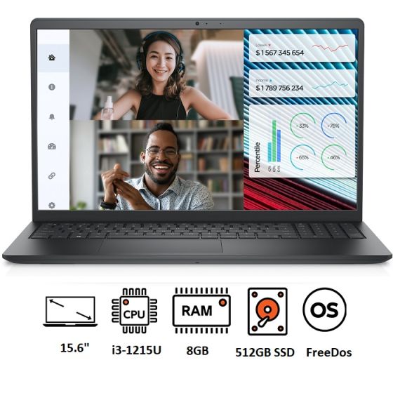 Dell Vostro 3520 Laptop, Intel Core i3-1215U, 512GB SSD, 8GB RAM, 15.6 Inch FHD IPS 120Hz Display, Integrated Intel UHD Graphics, FreeDos - Black 