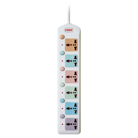 Fora Extension Socket, 6 Sockets, White - 3M-606
