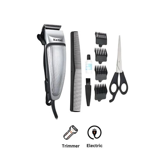 Kemei Corded Electric Hair Clipper and Trimmer, Silver and Black - KM-4639