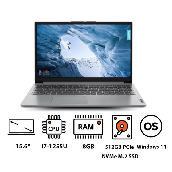 Lenovo Ideapad 1 15IAU7 Laptop, Intel Core I7-1255U, 512GB PCIe NVMe M.2 SSD, 8GB RAM, 15.6 Inch FHD, Intel Iris Xe Graphics, Windows 11 - Cloud Grey