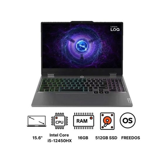 لاب توب جيمنج لينوفو LOQ 15IAX9، انتل كور  i5-12450HX، هارد SSD سعة 512 جيجا، رام 16 جيجا، شاشة مقاس 15.6 بوصة، بدقة FHD، كارت شاشة انفيديا جي فورس   RTX 2050 سعة 4 جيجا - رمادي