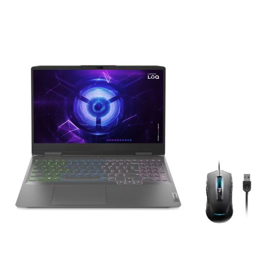 Lenovo LOQ 15IRH8 82XV00SNED Gaming Laptop, Intel Core i5-12450H, 512GB SSD M.2 2242 PCIe NVMe, 8GB RAM, 15.6 Inches, FHD IPS, 144Hz, NVIDIA GeForce RTX 2050 4GB GDDR6, FREEDOS - Storm Grey with LOQ M100 Wired Gaming Mouse - Black