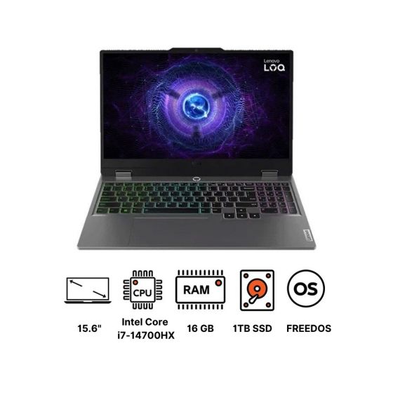 Lenovo LOQ 15IRX9 Gaming Laptop, Intel Core i7-14700HX, 16GB RAM, 1TB SSD, 15.6 Inch FHD, Nvidia GeForce RTX 4060 8GB, DOS - Luna Grey