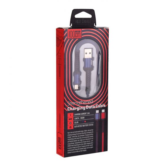 Emy Micro USB Strengthened Charging Cable, 1 M, Black and Blue - MY-452