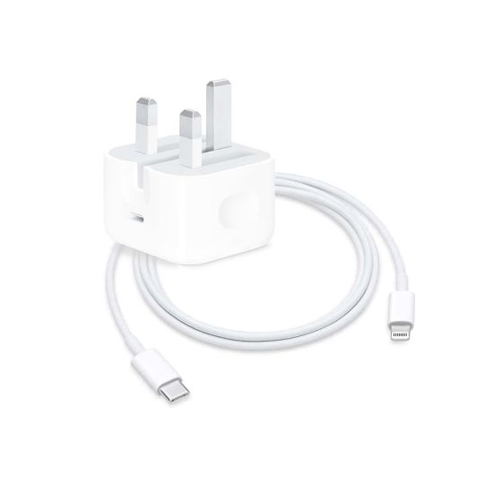 Apple Wall Charger, 20W, USB-C port, White - ‎MHJF3ZE-A with Apple USB-C to Lightning Charging, Data and Sync Cable, 1 Meter, White - MUF72ZM
