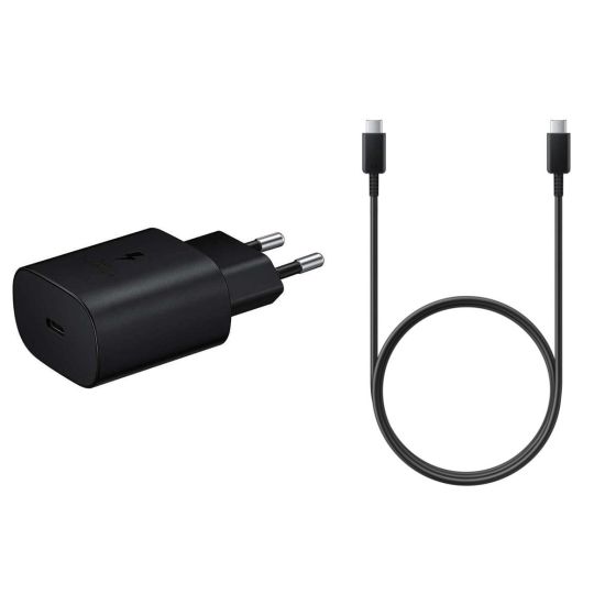 شاحن سامسونج، بقوة 25 وات، منفذ USB-C، اسود - EP-TA800NBEGGB، مع كابل شحن سامسونج بموصل USB-C، طوله 1 متر، 5 امبير، اسود - EP-DN975BBEGWW