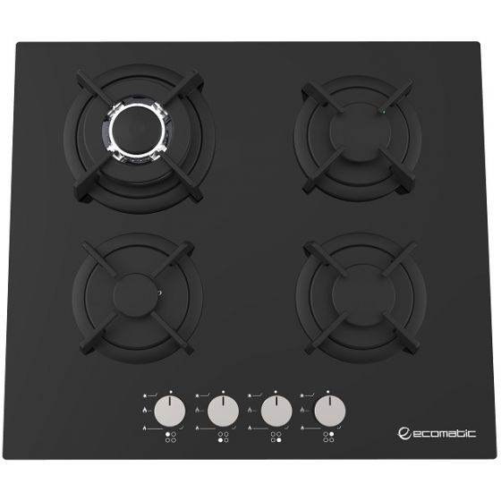 Ecomatic Crystal Gas Built-In Hob, 4 Burners, Black- S607RC