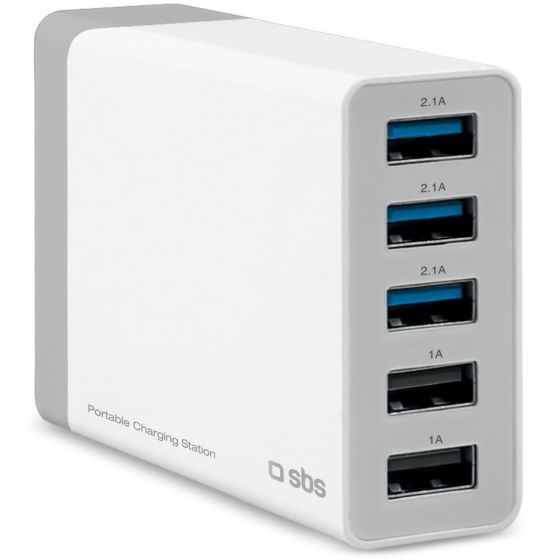 SBS Charging Station with 5 USB ports, 7000mAh, White - TTTRAV5USB7A