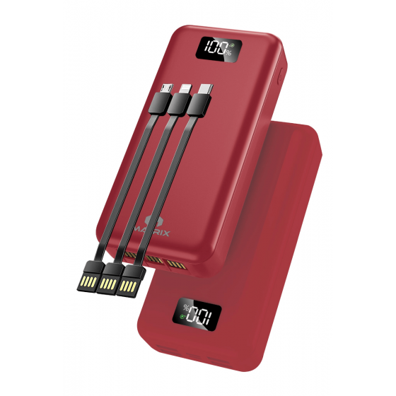 Matrix Power Bank, 20000 mAh, 5 Ports and 3 Cables, Red -  N82