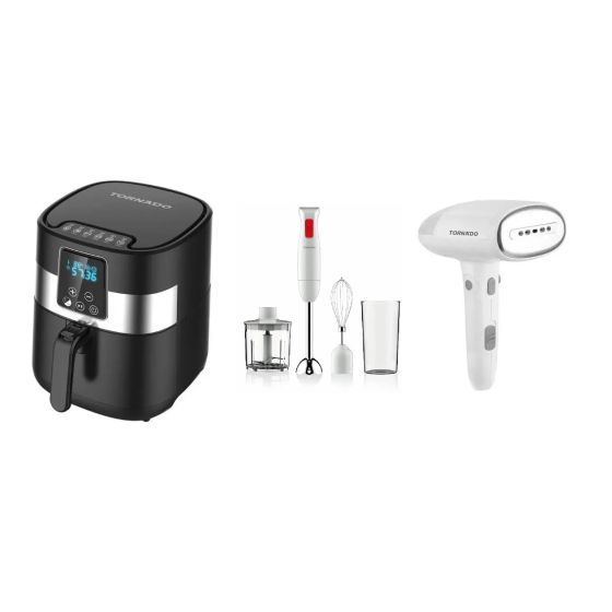 Tornado Air Fryer, 1300 Watt, THF-133D with Tornado Hand Blender, 250 Watt, HB-250T and Tornado Foldable Steam Iron, 1000 Watt, TST-HS1000P