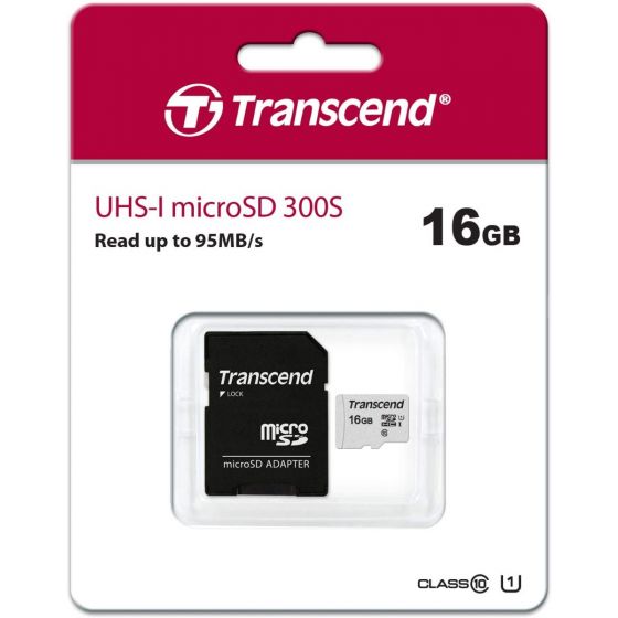 Transcend Class 10 microSDHC Memory Card with Adapter, 16GB - 300S