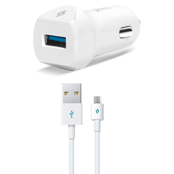 شاحن سيارة تي تك سبيد تشارجر QC مع كابل مايكرو USB، ابيض، 1 منفذ - 2CKQC01M
