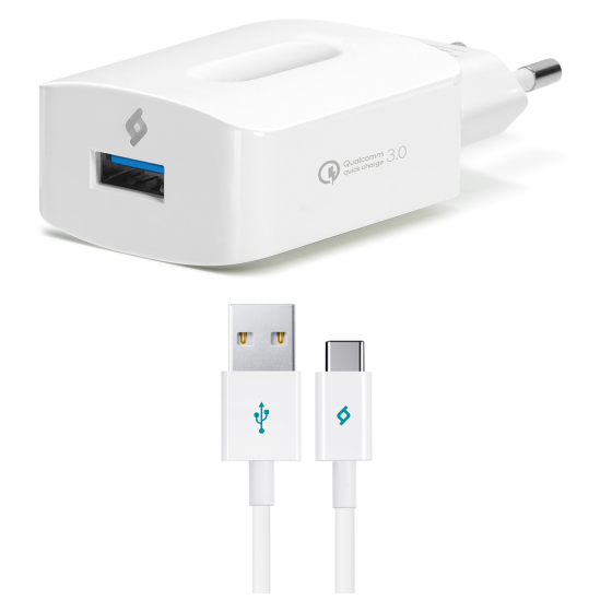 شاحن حائط تي تك سبيد تشارجر QC مع كابل USB فئة C، ابيض، 1 منفذ - 2SCQC01C