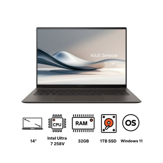 ASUS Zenbook S14 UX5406SA-PV007W Laptop, Intel Ultra 7 258V, 1TB M.2 NVMe PCIe 4.0 SSD, 32GB RAM, 14 Inch, 3K OLED, 120Hz, Intel Arc Graphics, Windows 11 - Zumaia Grey with Sleeve