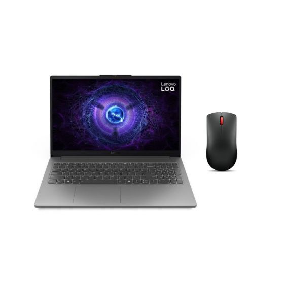 Lenovo LOQ Essential 15IAX9E - 83LK003TPS Gaming Laptop, Intel Core i7-12650HX, 512GB SSD, 16GB RAM, 15.6 FHD, IPS, NVIDIA GeForce RTX 4050 6GB, FREEDOS - Luna Grey with Lenovo WL150 Wireless Mouse, Black