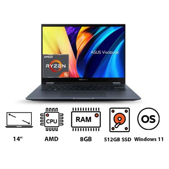 لاب توب اسوس فيفو بوك S 14 فليب TN3402QA-LZ005W، ايه ام دي رايزن 5 5600H، سعة 512 جيجا SSD، رام 8 جيجا، شاشة 14 بوصة، دقة WUXGA، كارت شاشة ايه ام دي راديون جرافيكس، ويندوز 11 - ازرق 