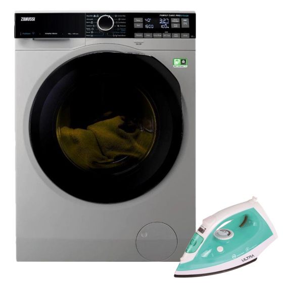 Zanussi Front Load Automatic Washing Machine, 10 KG, Inverter Motor, Silver- ZW8F1168MS, With ULTRA Steam Iron, 2200 Watt, Green - ES-2437