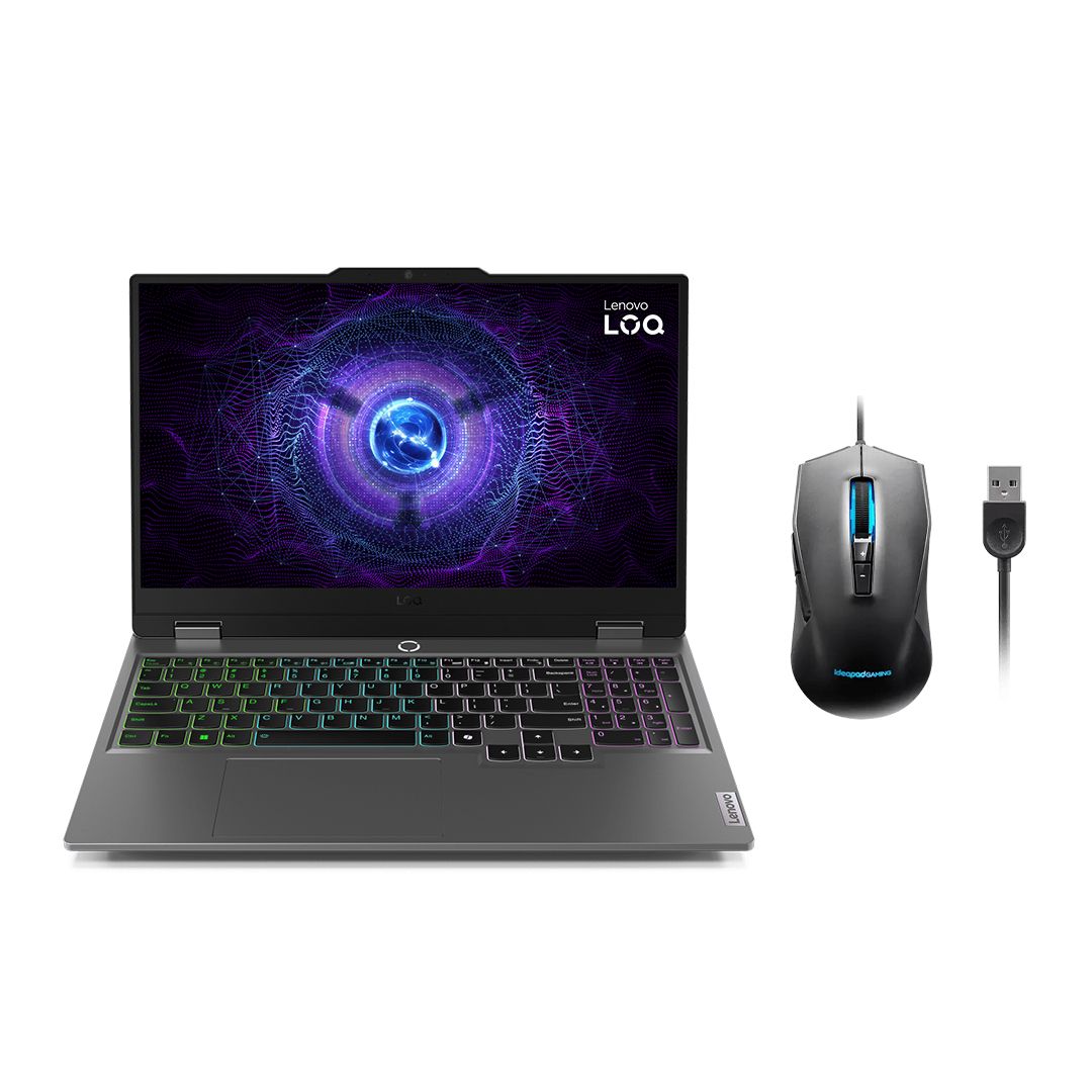 Lenovo LOQ 15IAX9 83GS008QED Laptop, Intel Core i5-12450HX, 512GB SSD, 8GB RAM, 15.6 Inch, FHD IPS Display, NVIDIA GeForce RTX 2050 4GB GDDR6, FreeDOS - Luna Grey with IdeaPad Wired Gaming Mouse, RGB, 3200 DPI, Black - M100 