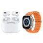 W&O X8 Plus Ultra Smart Watch - Silver Case and Orange Strap with AirPods Pro Earbuds - White