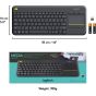 كيبورد لاسلكي لوجيتك بلوحة تاتش، اسود - K400 Plus