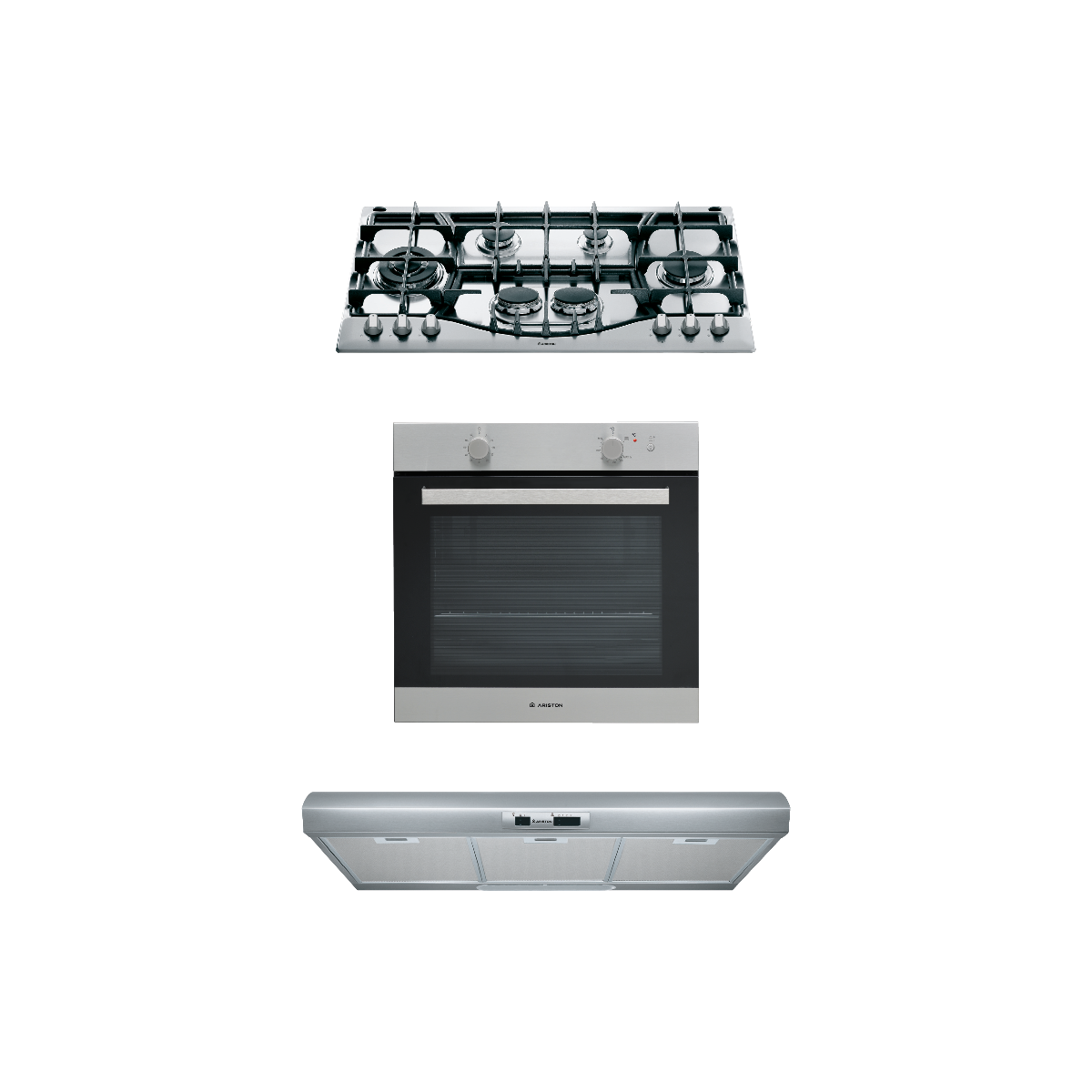 Ariston Built In Set Of Gas Hob 90cm 6 Burners Gas Oven 70 Liters and Hood 90cm Silver