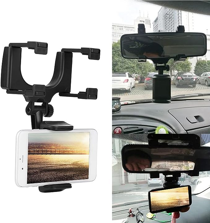 Rear View Mirror Mobile Phone Holder, Car Rear View Mirror Phone Holder, 360 Degree Rotation, Retractable Car Phone Holder for All Smartphones, Rear View Mirror Clip Holder