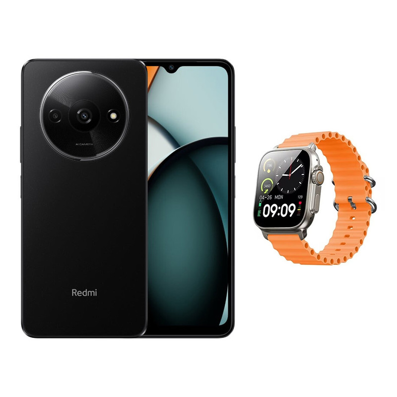 Xiaomi Redmi A3 128GB 4GB 4G LTE Dual SIM Midnight Black Middle East Version with T900 Ultra Smart Watch 2.09 Inch Silver Case and Orange Strap price in Egypt B.TECH