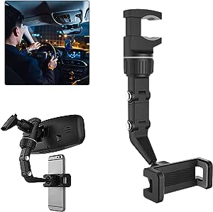360° Multifunctional Rearview Mirror Phone Holder, Cell Phone Automobile Cradles, Car Smartphone Holder Mount for Car Home Kitchen Most Phones, 5.7×1.8×3.2inch (Gray)