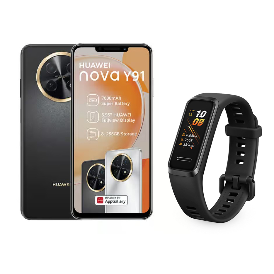 Huawei Nova Y91, 256GB, 8GB RAM, Dual SIM, 4G LTE - Starry Black with Huawei Band 4, 0.96 Inch, Graphite Black Strap and Case