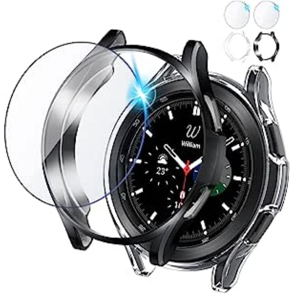2 2Pack Goton for Samsung Galaxy Watch 4 Classic 46mm Screen Protector 2 Pack Tempered Glass Protective Film and 2 Pack TPU Watch Cover Accessories Soft Case Set for Watch 4 Classic