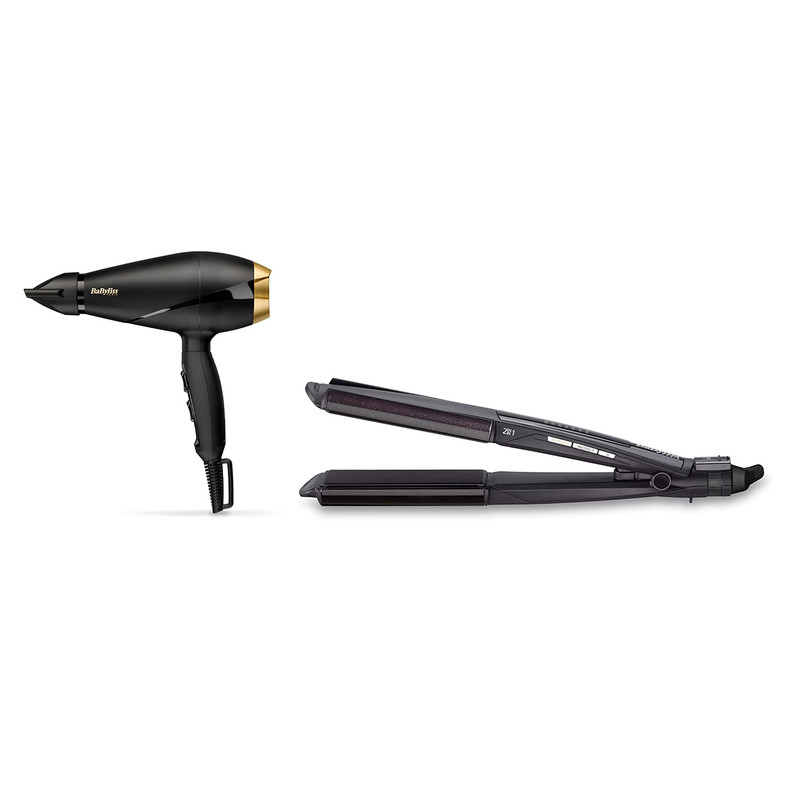 Babyliss Power Pro 2000 Hair Dryer, 2000 Watt, Black Gold - 6704E with Babyliss 2 in 1 Wet and Dry Hair Curler and Straightener, Black - ST330E
