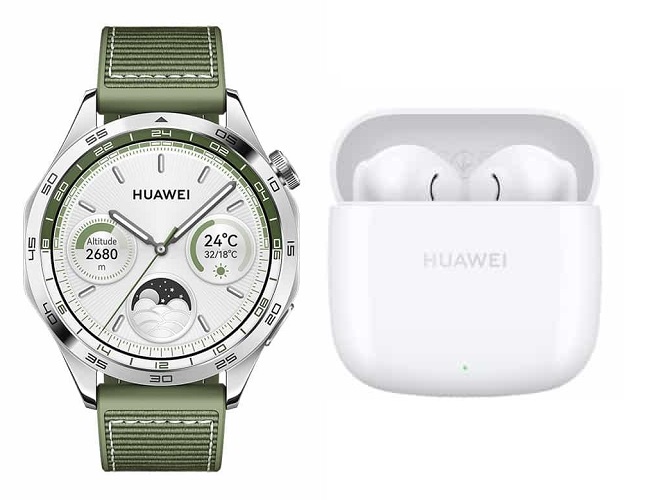 Huawei Watch GT 4 - Silver Case and Green Strap with FreeBuds Wireless Earphones, Ceramic White - SE 2