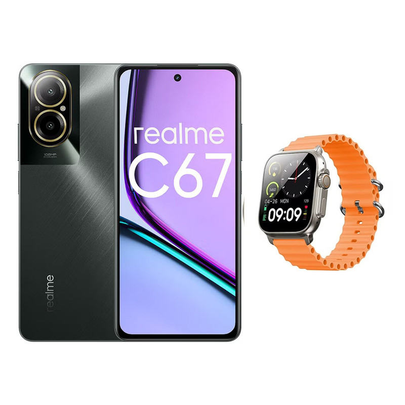 Realme C67 256GB 8GB RAM Dual SIM 4G LTE Black Rock Middle East Version withT800 Ultra Series 8 Smart Watch 49mm Silver Case and Orange Strap price in Egypt B.TECH