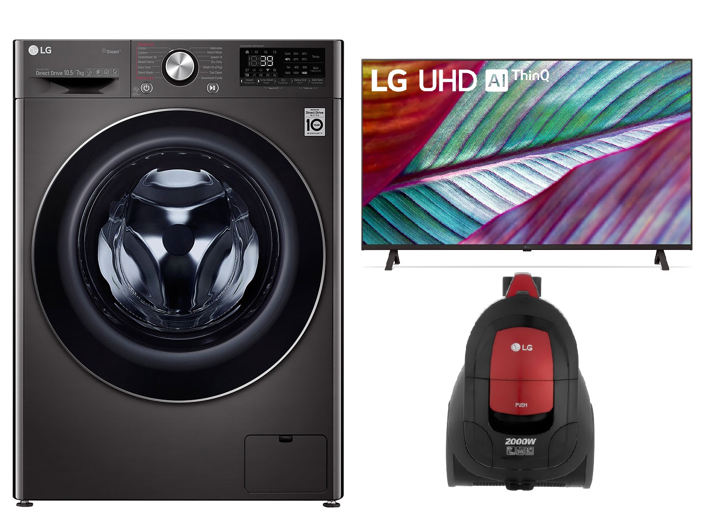 LG Front Load Washing Machine with Dryer, 10.5 KG, Black - F4V9RCP2E with 43 Inch UHD Smart LED TV, Black - 43UR78006LL and Bagless Vacuum Cleaner, 2000 Watt - VC5420NNTR